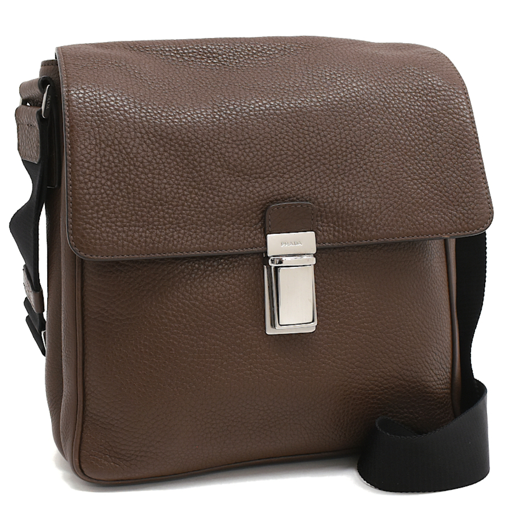 Prada Shoulder Bag Crossbody Vitello Daino Leather Dark Brown Triangle